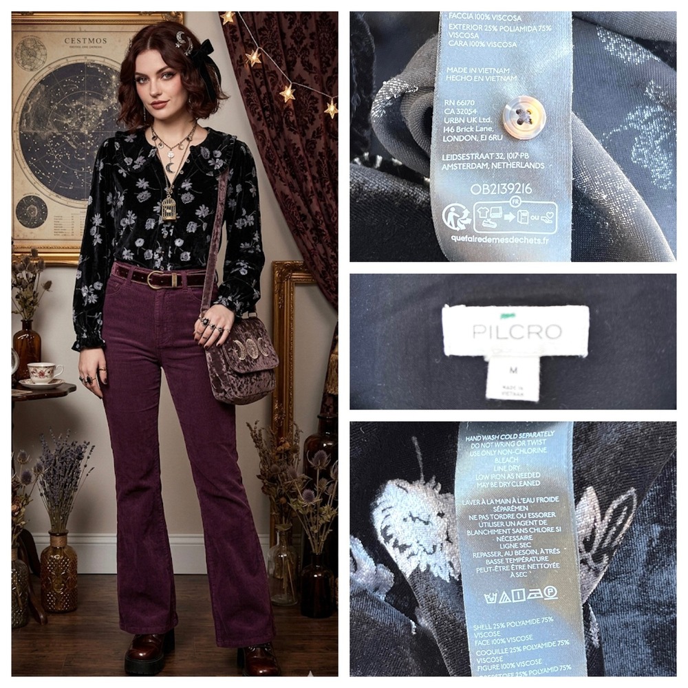 Pilcro Anthropologie Keira Velvet Burnout Blouse Black Witchy Peter Pan Collar M - Picture 5 of 17